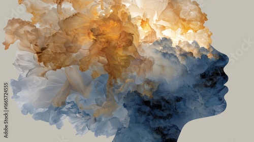 A human profile filled with abstract floral elements in warm orange, beige, and cool blue tones,