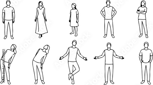 Illustration of ten stylized people in various poses wearing casual clothing standing and stretching bodies