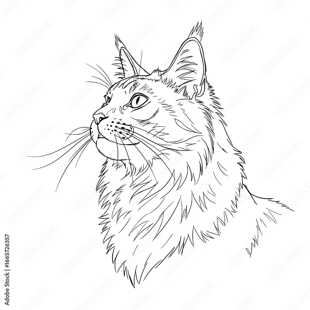 Obraz premium Maine Coon Cat in Side Profile, Looking up to the Right, in a Drawing Template Style Illustration Vector Great for Print, Tattoo Flash
