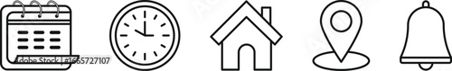 Minimal Calendar, Clock, Home, Location, and Bell Line Icon Set.
