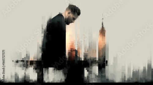 A man in formal attire stands in profile with head bowed,