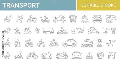 Transport Line art icons set. Containing car, bike, plane, train, bicycle, motorbike, bus, and scooter icons. Tran icons, car, bike icons,