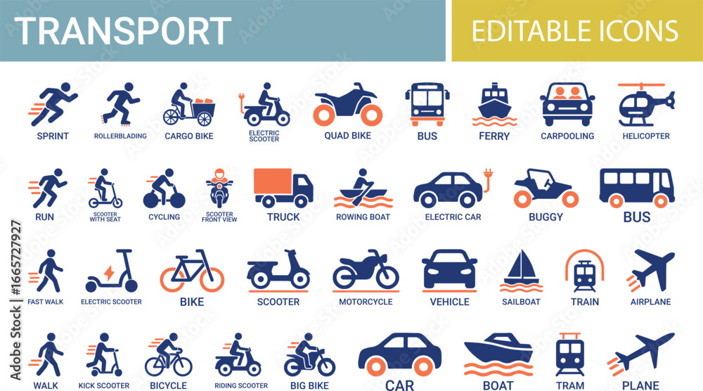 Fototapeta premium Transport icon set. Containing car, bike, plane, train, electric car, run, sprint, plane, fast wark, bicycle, motorbike, bus and scooter icons. Solid icon collection.