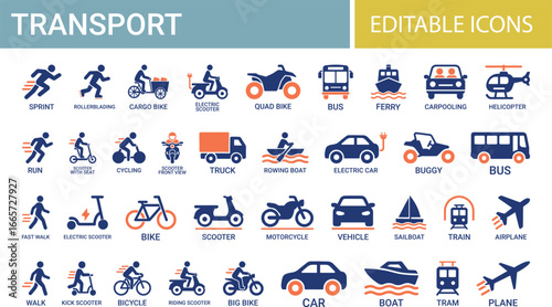 Transport icon set. Containing car, bike, plane, train, bicycle, motorbike, bus, and scooter icons. Tran icons, car , bike icons,