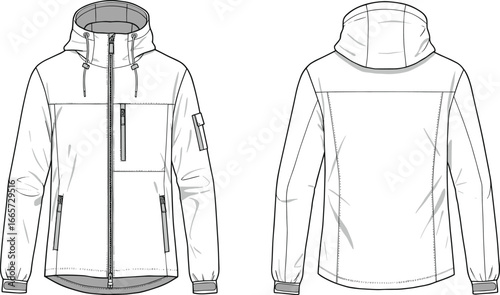  Men's Puffer Jacket Technical Drawing, Detachable Hood, Zip-up Closure, Modern Outerwear Vector, Editable Template for Designers, SEO Maintained, Flat Vector