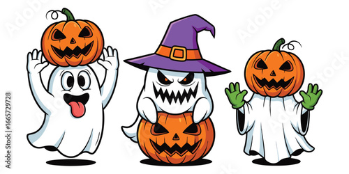 Three cute halloween ghosts with pumpkin heads and witch hat