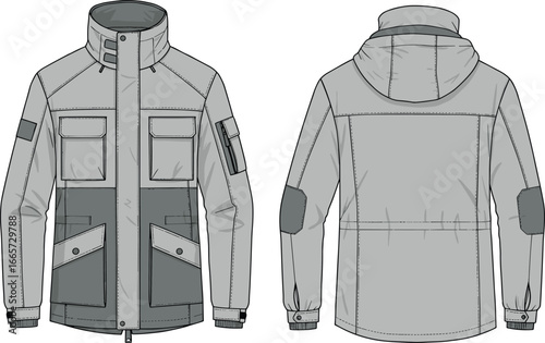  Men's Puffer Jacket Technical Drawing, Detachable Hood, Zip-up Closure, with Camping Tent Vector, Editable Template for Designers, SEO Maintained, Flat Vector