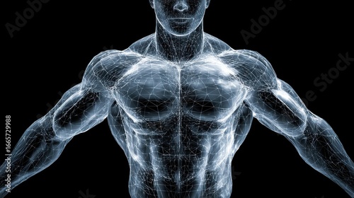 A striking representation of a muscular human form, highlighted by a luminous wireframe design that emphasizes strength and vitality. The dark background enhances the figure's prominence