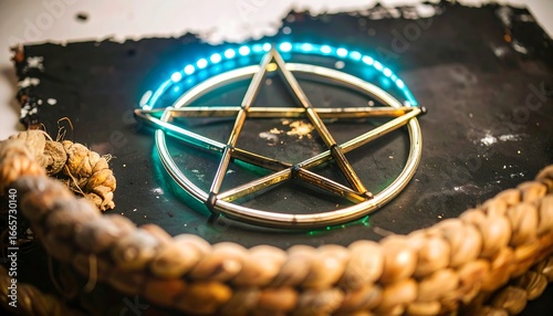 A metallic pentacle, encircled by a glowing blue and green light, sits atop a dark surface, framed by a woven rope.