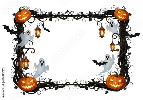 Halloween decorative frame with pumpkins, ghosts, bats, and lanterns isolated on transparent background