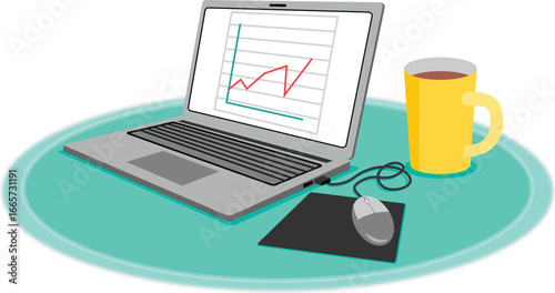 This image depicts a laptop displaying a line graph, placed on a turquoise surface. Beside it, there is a yellow coffee mug and a computer mouse with a mouse pad, suggesting a work or study setup.