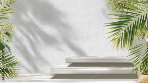 Light gray tiered platform with tropical foliage and shadows