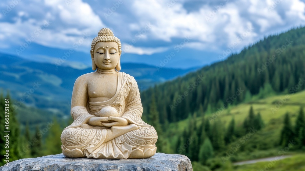 Obraz premium Serene Buddha Statue Surrounded by Lush Green Mountains and Clouds