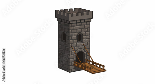 Pixel art style medieval castle tower with a lowered wooden drawbridge and stone battlements.