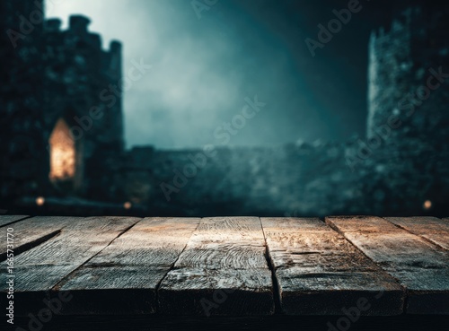 Wooden table in front of a misty medieval castle