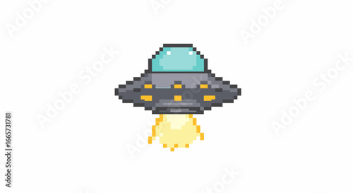 Pixel art flying saucer UFO with a light blue dome and yellow lights, emitting a bright yellow glow from its bottom.