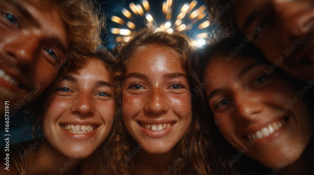 Fototapeta premium Radiant Faces, Celestial Spectacle: A jubilant cluster of smiling faces beams brightly amidst a vivid, captivating display of vibrant fireworks, etching an atmosphere of pure bliss.