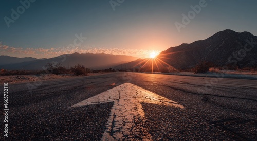 Sunrise road, arrow, desert