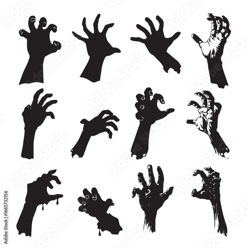 Vector illustration of zombie hand silhouette set, Black & White silhouette set
