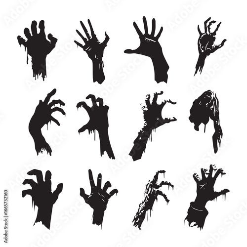 Vector illustration of zombie hand silhouette set, Black & White silhouette set