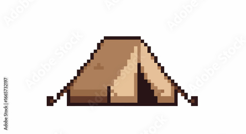 Pixel art illustration of a simple brown camping tent with ropes and stakes on a white background.