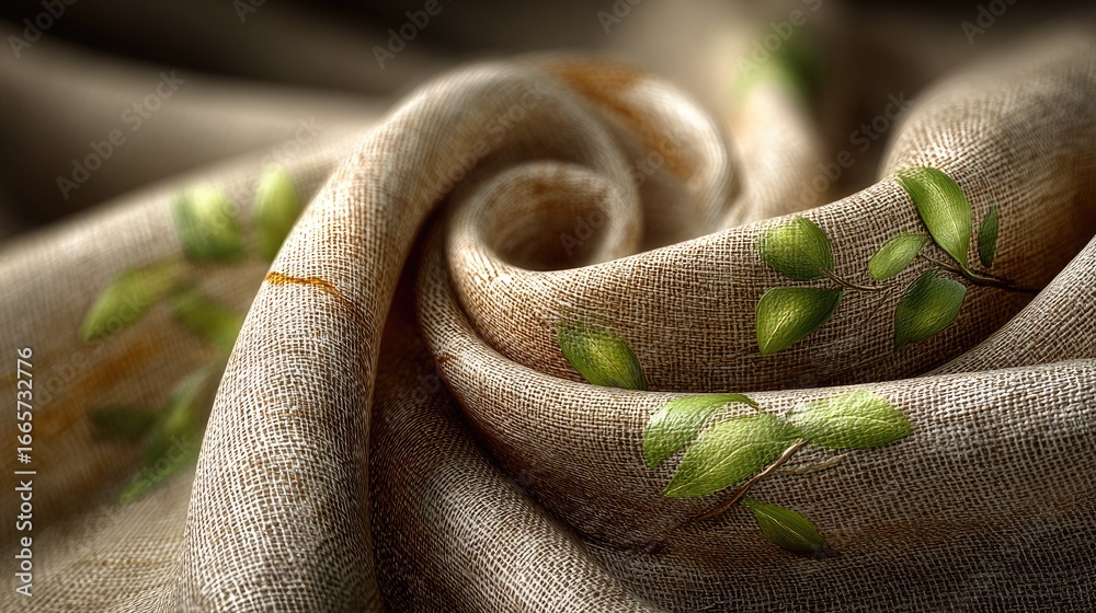 Fototapeta premium Swirling beige fabric with green leaf pattern