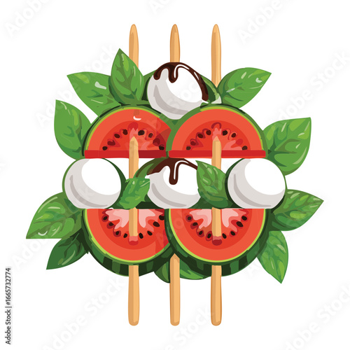 Watermelon and Mozzarella Caprese Salad on a Stick - Vector Illustration