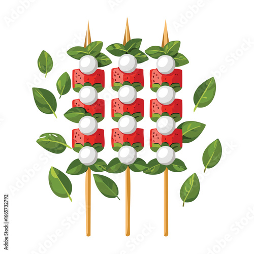 Watermelon and Mozzarella Caprese Skewers with Basil - Vector Illustration