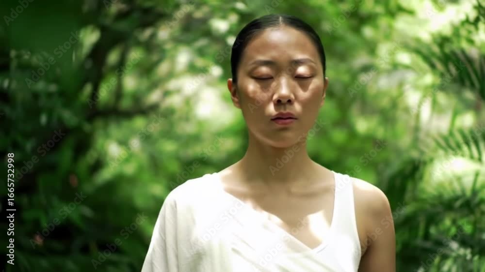 Cinematic shot of a woman practicing yoga meditation in a serene outdoor garden, surrounded by greenery, gentle breeze moving leaves Cinematic shot of a woman practicing yoga meditation in a serene outdoor garden, surrounded by greenery, gentle breeze moving leaves