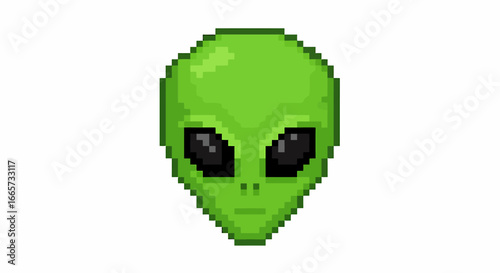 Pixel art illustration of a classic green alien head with large black eyes, depicted in a simple, retro style.