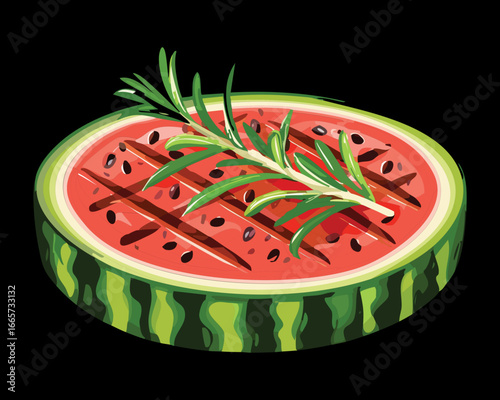 Barbecue Grilled Watermelon Slice with Fresh Rosemary and Char Marks - Vector Illustration