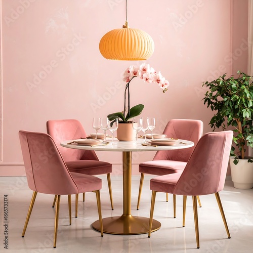 Round marble dining table with blush pink velvet chairs and gold legs, complemented by a pale pink wall and orchid