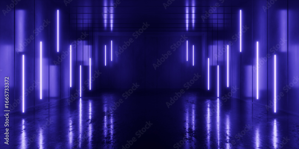 Obraz premium Futuristic Sci Fi Cyber Corridor With Neon Laser Grid Glowing On Concrete Walls Underground Tunnel Architecture Industrial Tech Interior Look 3D Rendering