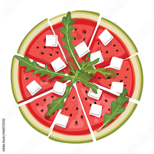 Watermelon Pizza with Feta Cheese and Arugula - Vector Illustration