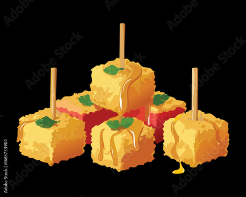 Stacked Cheese Sticks with Honey Drizzle on a Skewer - Vector Illustration