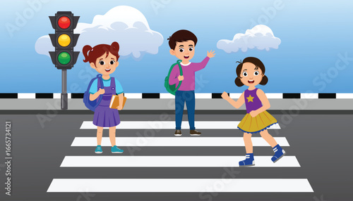 Car stopped at crosswalk. Traffic sign indicates pedestrian crossing. Happy school children crossing the road on crosswalk. Flat vector illustration template