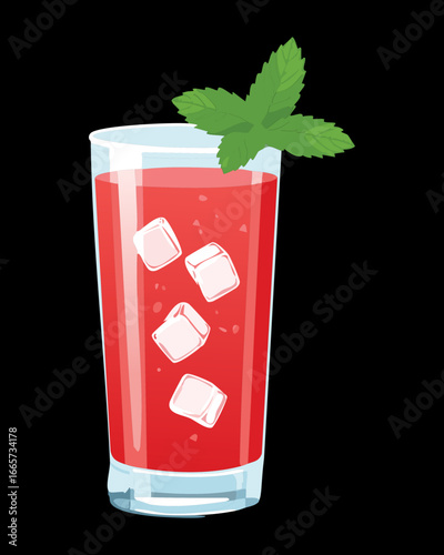 Fresh strawberry juice with ice cubes and mint leaves on dark background - Vector Illustration