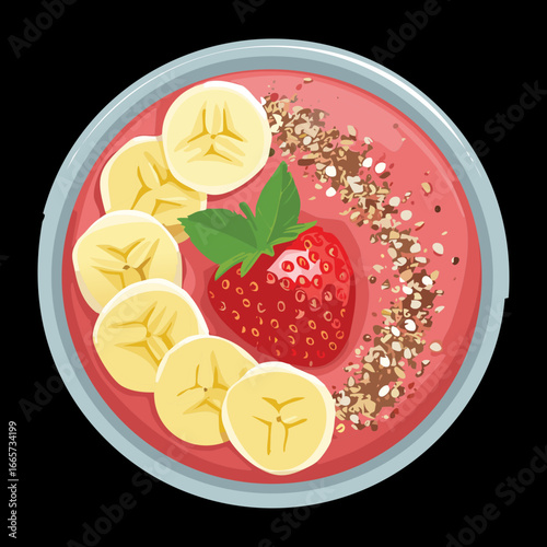 Healthy breakfast smoothie bowl with fresh strawberries and banana slices - Vector Illustration