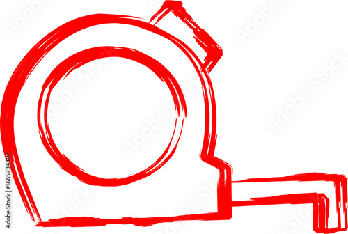 Red sketch of a tape measure tool with bold hand-drawn lines, symbolizing measurement, construction, DIY, accuracy, engineering, building, and carpentry concepts.
