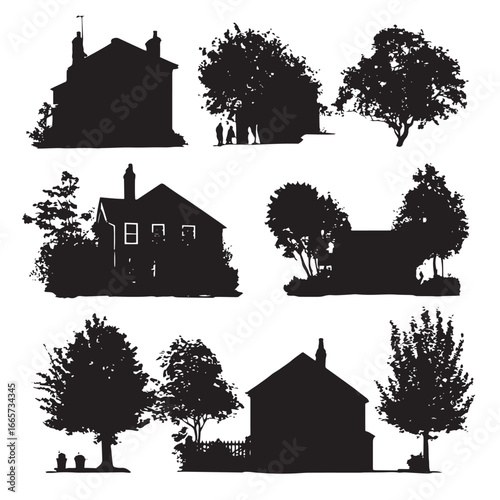 Vector illustration of yard silhouette set, Black & White silhouette set