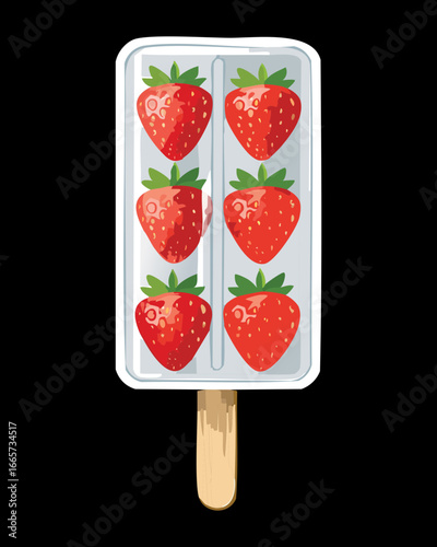 A fresh popsicle of red strawberries, a healthy and sweet fruit snack, a perfect ingredient for desserts - Vector Illustration