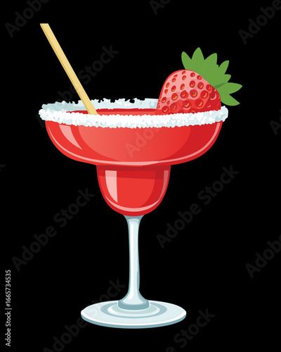 A Single Glass of Strawberry Margarita Cocktail on a Black Background - Vector Illustration