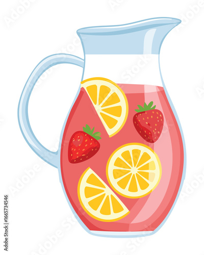 A Pitcher Full of Homemade Strawberry Lemonade with Lemon Slices - Vector Illustration