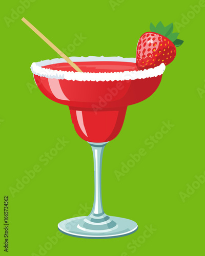 A Single Strawberry Margarita on a Stemmed Glass with Mint - Vector Illustration