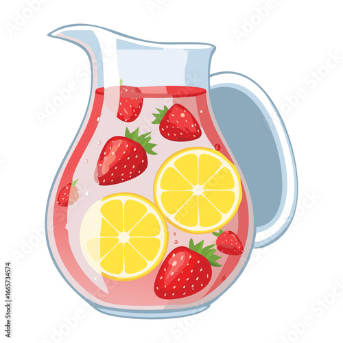 Pitcher of Fresh Homemade Strawberry Lemonade with Ice Cubes and Slices - Vector Illustration