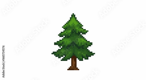 Pixel art illustration of a green evergreen tree with a brown trunk on a white background.