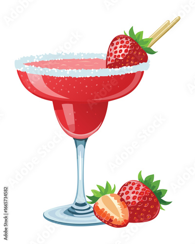 Refreshing Strawberry Frozen Daiquiri with Salted Rim and Mint Garnish - Vector Illustration