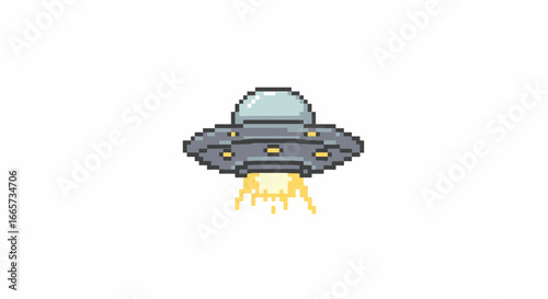 Create a descriptive title (6-180 characters, no keyword lists).     *   "Pixel art illustration of a classic grey flying saucer UFO with a glowing yellow propulsion beam.".