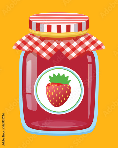  Sweet strawberry fruit preserve in a glass jar with a striped lid, a delightful condiment for breakfast - Vector Illustration