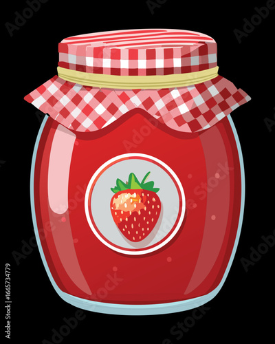 Delicious homemade strawberry preserve in a glass jar with a red checkered fabric lid, a traditional food - Vector Illustration